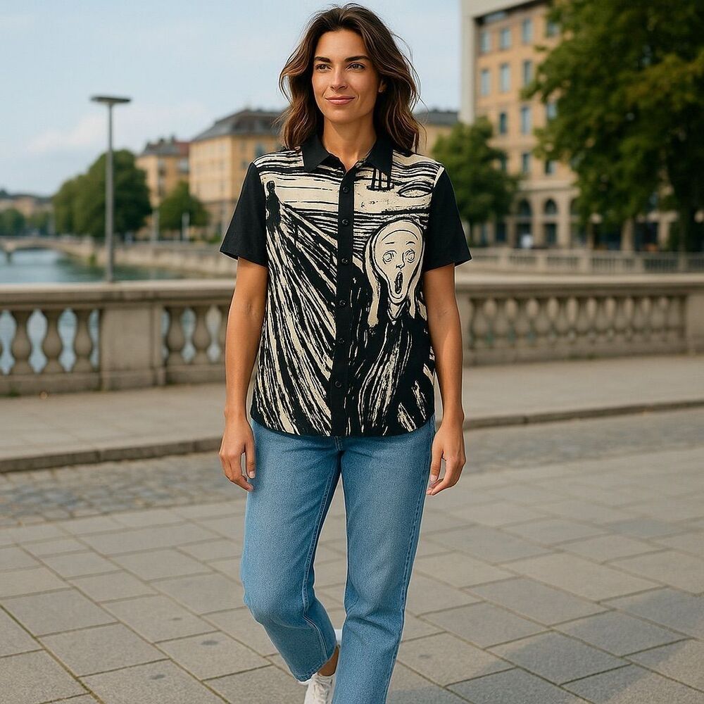 Edvard Munch The Scream Social Collision Graphic Print Button-Up Shirt Black S